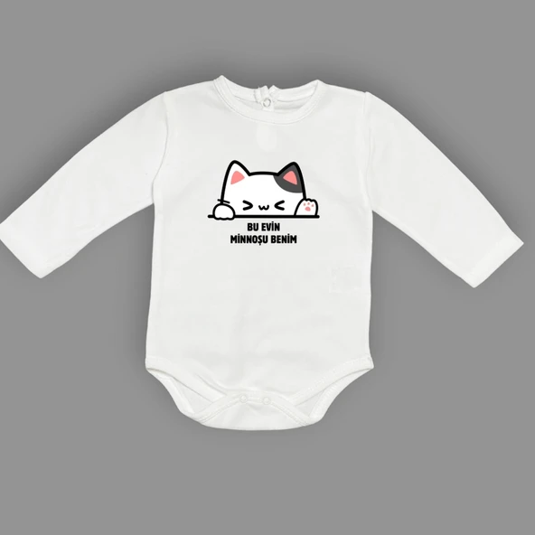Minnoş Kedi Baskılı Bebek Çıtçıtlı Body Uzun Kısa Kolsuz M00688 - 5