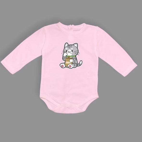 Mama Yiyen Kedi Baskılı Bebek Çıtçıtlı Body Uzun Kısa Kolsuz - Resim 2