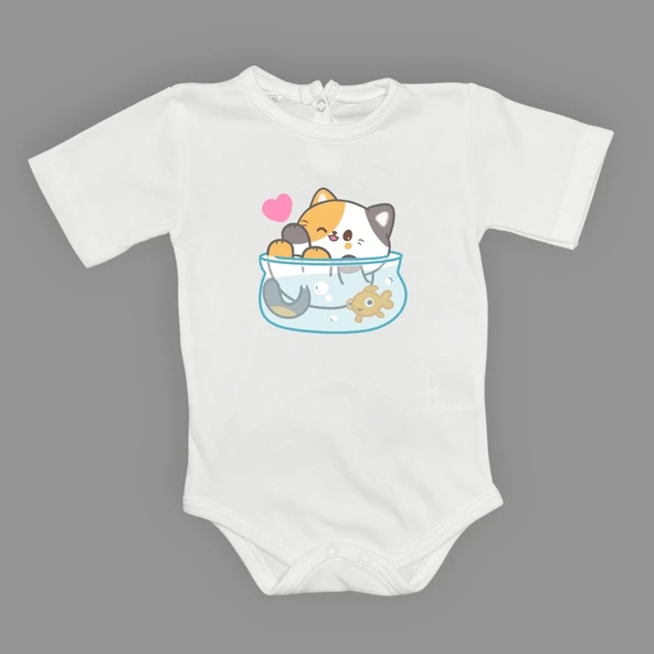 Akvaryum Kedi Baskılı Bebek Çıtçıtlı Body Uzun Kısa Kolsuz mnk00687 - Resim 6