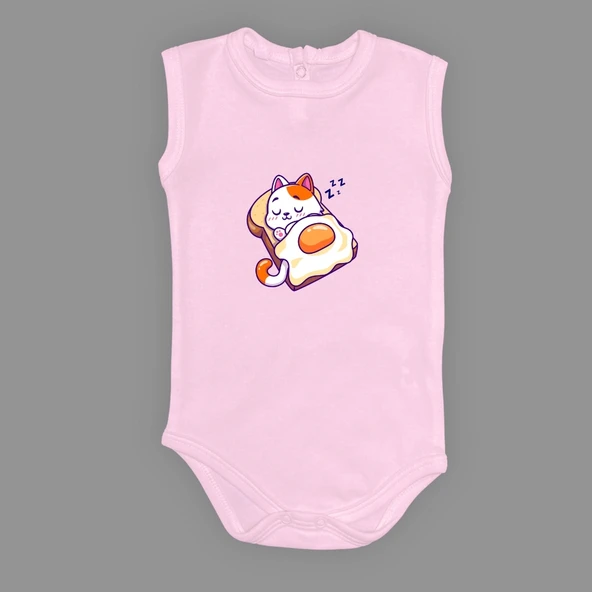 Uyuyan Kedi Baskılı Bebek Çıtçıtlı Body Uzun Kısa Kolsuz Mnk682 - Resim 8