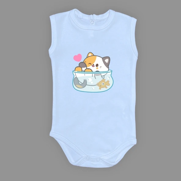 Akvaryum Kedi Baskılı Bebek Çıtçıtlı Body Uzun Kısa Kolsuz mnk00687 - Resim 9