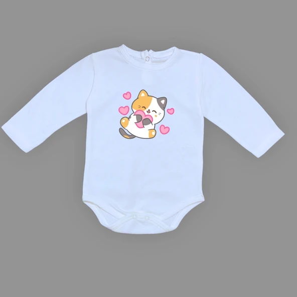 Kalpli Kedi Baskılı Bebek Çıtçıtlı Body Uzun Kısa Kolsuz Mnk00684 - 3