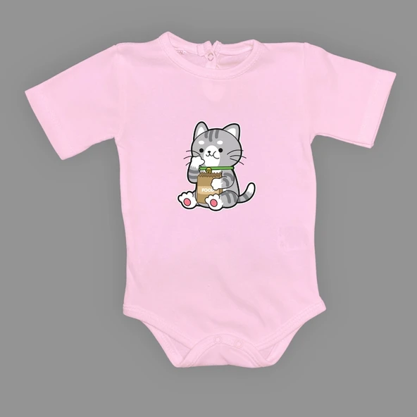 Mama Yiyen Kedi Baskılı Bebek Çıtçıtlı Body Uzun Kısa Kolsuz - Resim 4
