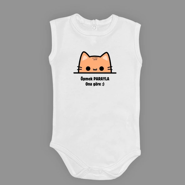 Öpmek Parayla Kedi Baskılı Bebek Çıtçıtlı Body Uzun Kısa Kolsuz M00689