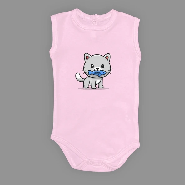 Balıklı Kedi Baskılı Bebek Çıtçıtlı Body Uzun Kısa Kolsuz Mnk00685 - 8