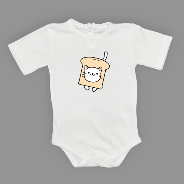 Ekmek Kedi Baskılı Bebek Çıtçıtlı Body Uzun Kısa Kolsuz MNK00686 - Resim 3