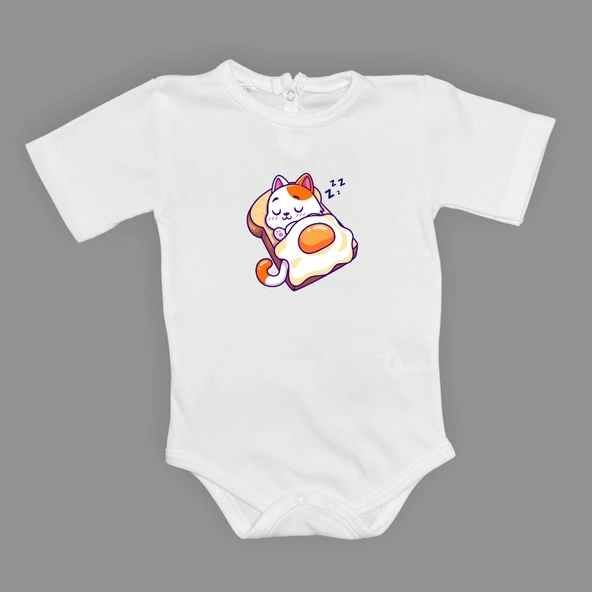 Uyuyan Kedi Baskılı Bebek Çıtçıtlı Body Uzun Kısa Kolsuz Mnk682 - Resim 6