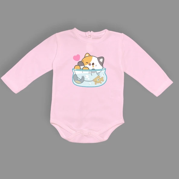 Akvaryum Kedi Baskılı Bebek Çıtçıtlı Body Uzun Kısa Kolsuz mnk00687 - Resim 2