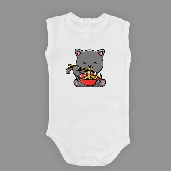 Yemek Yiyen Kedi Baskılı Bebek Çıtçıtlı Body Uzun Kısa Kolsuz M00690 ürün görseli 1