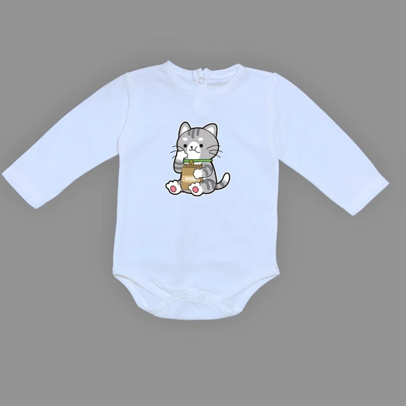 Mama Yiyen Kedi Baskılı Bebek Çıtçıtlı Body Uzun Kısa Kolsuz - Resim 3