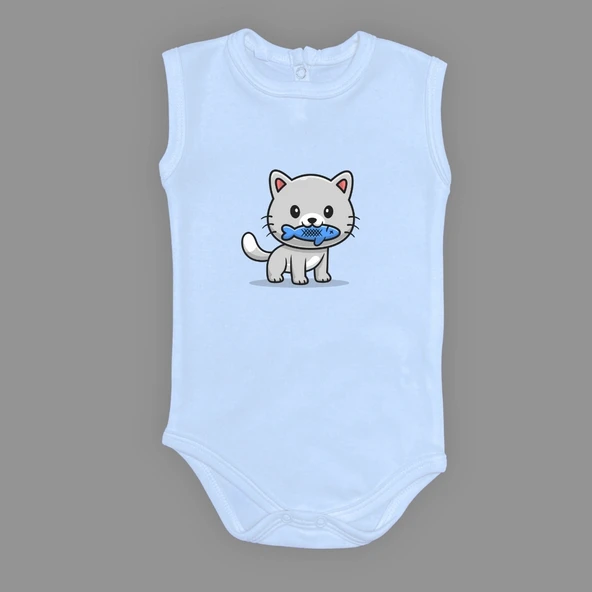 Balıklı Kedi Baskılı Bebek Çıtçıtlı Body Uzun Kısa Kolsuz Mnk00685 - 9