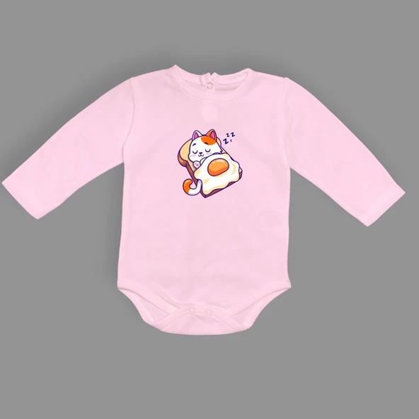 Uyuyan Kedi Baskılı Bebek Çıtçıtlı Body Uzun Kısa Kolsuz Mnk682 - Resim 2