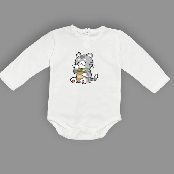 Mama Yiyen Kedi Baskılı Bebek Çıtçıtlı Body Uzun Kısa Kolsuz - Resim 5