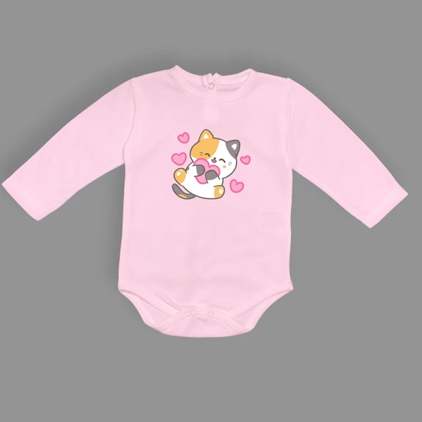 Kalpli Kedi Baskılı Bebek Çıtçıtlı Body Uzun Kısa Kolsuz Mnk00684 - 2