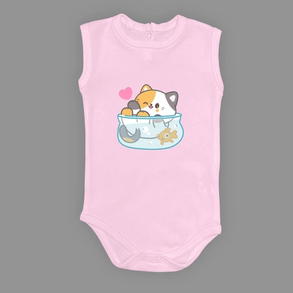 Akvaryum Kedi Baskılı Bebek Çıtçıtlı Body Uzun Kısa Kolsuz mnk00687 - Resim 8