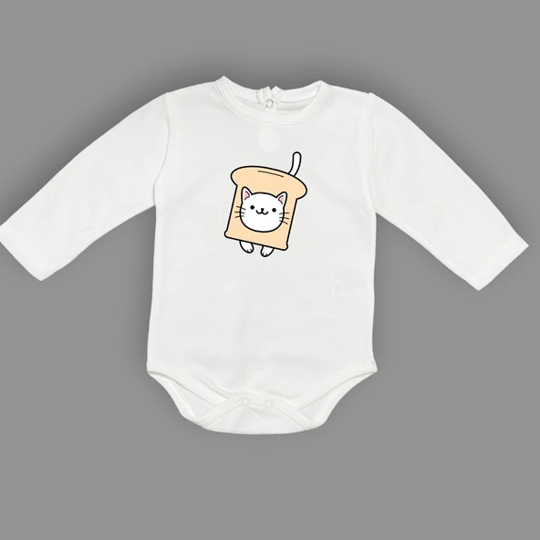 Ekmek Kedi Baskılı Bebek Çıtçıtlı Body Uzun Kısa Kolsuz MNK00686 - Resim 2