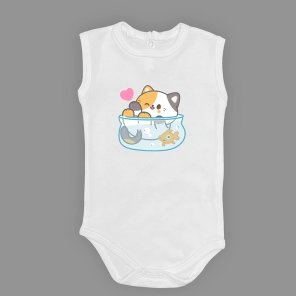 Akvaryum Kedi Baskılı Bebek Çıtçıtlı Body Uzun Kısa Kolsuz mnk00687 ürün görseli 1