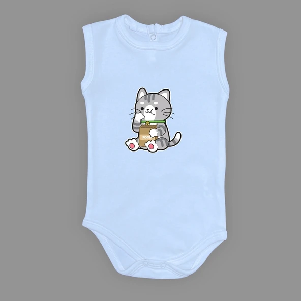 Mama Yiyen Kedi Baskılı Bebek Çıtçıtlı Body Uzun Kısa Kolsuz - Resim 9