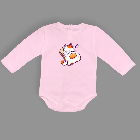 Uyuyan Kedi Baskılı Bebek Çıtçıtlı Body Uzun Kısa Kolsuz Mnk682 - 10