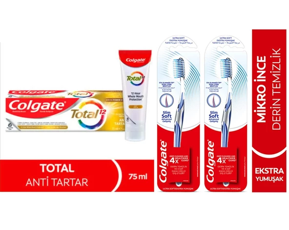 Colgate Dıs Macunu Total Antı Tartar 75 ml + Colgate Mikro Ince Advanced Manuel Diş Fırçası 1+2 Adet