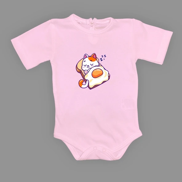 Uyuyan Kedi Baskılı Bebek Çıtçıtlı Body Uzun Kısa Kolsuz Mnk682 - Resim 4