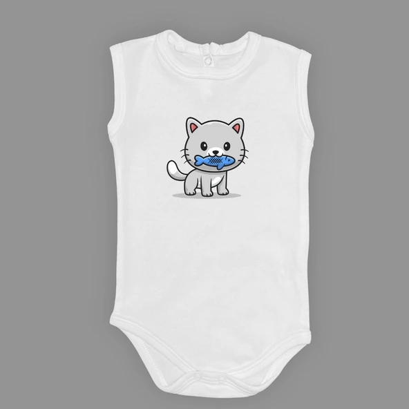 Balıklı Kedi Baskılı Bebek Çıtçıtlı Body Uzun Kısa Kolsuz Mnk00685 - 10