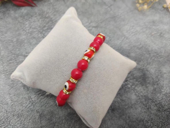 Nazar Boncuklu Swarovski Taşlı Kırmızı Renk Nazar Lastikli Bileklik