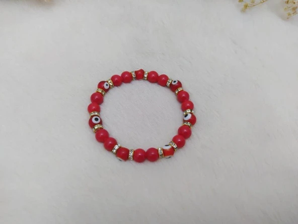 Nazar Boncuklu Swarovski Taşlı Kırmızı Renk Nazar Lastikli Bileklik - 2