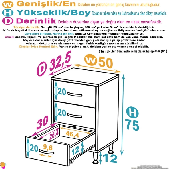 Modilayn SÖKE 3'lü Çekmece Banyo Dolabı 50x75x32,5 cm’ lik Çok Yönlü Çekmecelerle Daha Düzenli - 4