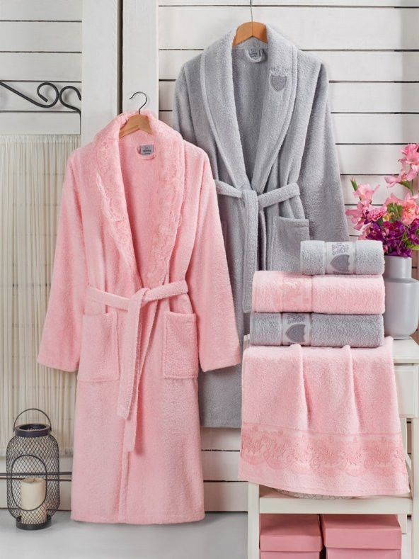 BEGENALHOME Fransız Güpürlü 6 Parça Bornoz Seti Pamuklu Gri Pembe M-L
