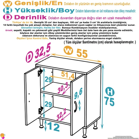 Modilayn SÖKE Küçük Alanlar İçin Akıllı Çözümler 55x75x32,5 cm’ lik 2 Kapaklı 2 Göz Raf Dolap - Resim 4
