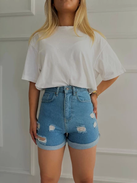 Kadın Önü Yırtıklı Mini Kot Şort - 2