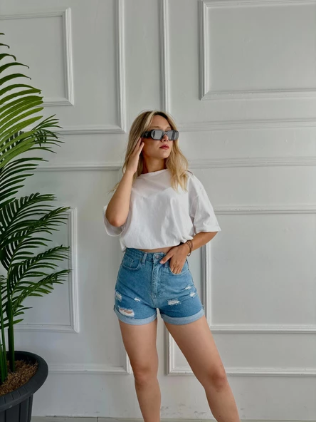 Kadın Önü Yırtıklı Mini Kot Şort - 4