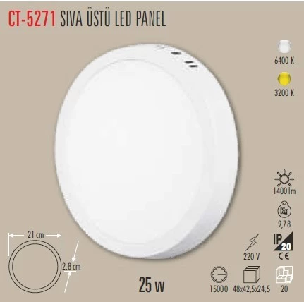 CT 5271 Cata 25 W Sıva Üstü Led Spot Armatür Beyaz Işık 6400k