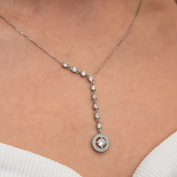 Gümüş Sıralı Zirkon Taşlı Çember Kadın Kolye - Resim 5