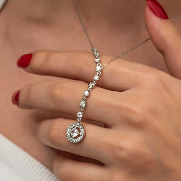 Gümüş Sıralı Zirkon Taşlı Çember Kadın Kolye - Resim 4