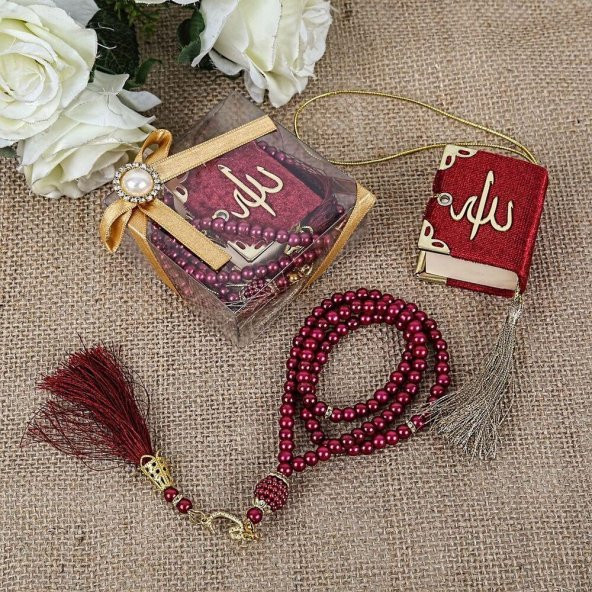 Hediyelik Mini Kuran, İnci Tesbihli Kare Kutulu Set-Kırmızı - 1