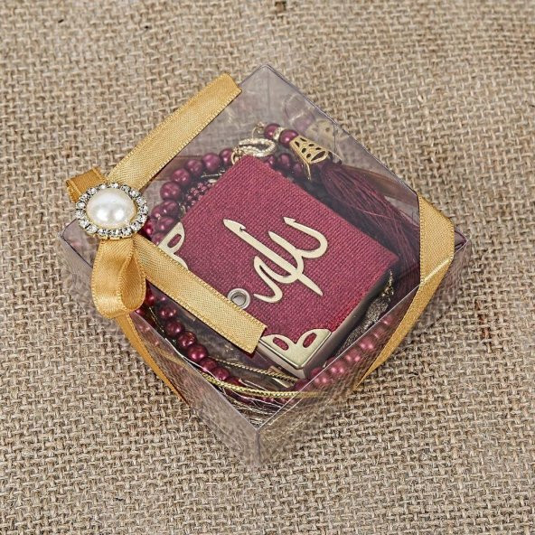 Hediyelik Mini Kuran, İnci Tesbihli Kare Kutulu Set-Kırmızı - 2