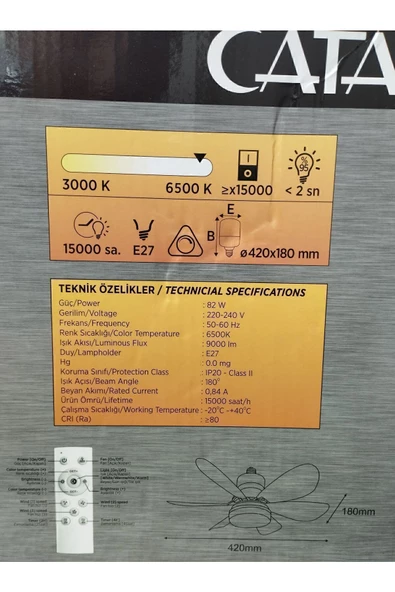 Cata Cata Karayel Fan Led Işıklı Vantilatör 82W Kumandalı Ampul Ct- 1155 - 2