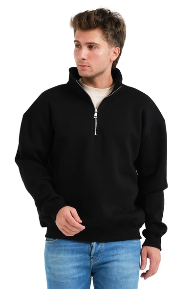 JUSTEVER Regular Fit Dik Yaka Yarı Fermuarlı Şardonlu Siyah Erkek Sweatshirt - Prime