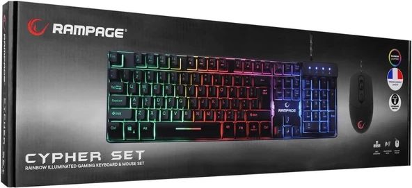 Rampage Siyah Usb Gökkuşağı Zemin Aydınlatmalı French/Arabic Layout Oyuncu Klavye + Mouse Set uyumlu Teşhir - 7