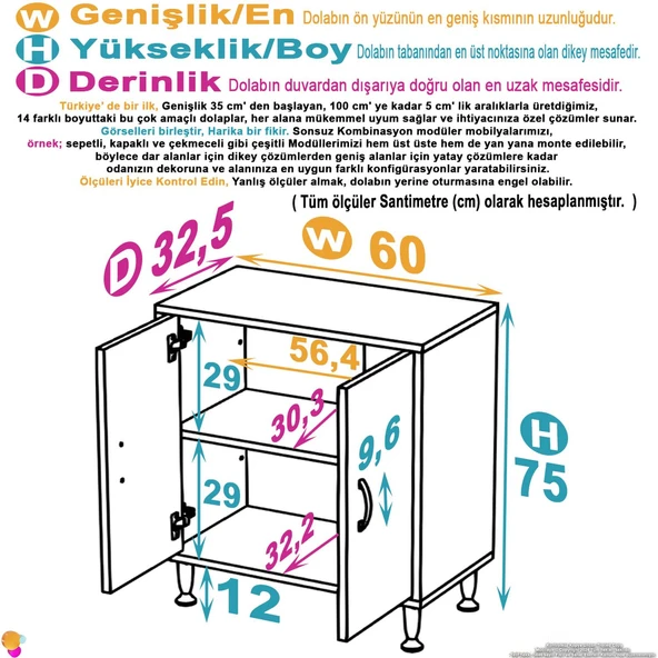 Modilayn SÖKE Küçük Alanlar İçin Akıllı Çözümler 60x75x32,5 cm’ lik 2 Kapaklı 2 Göz Raf Dolap - Resim 4