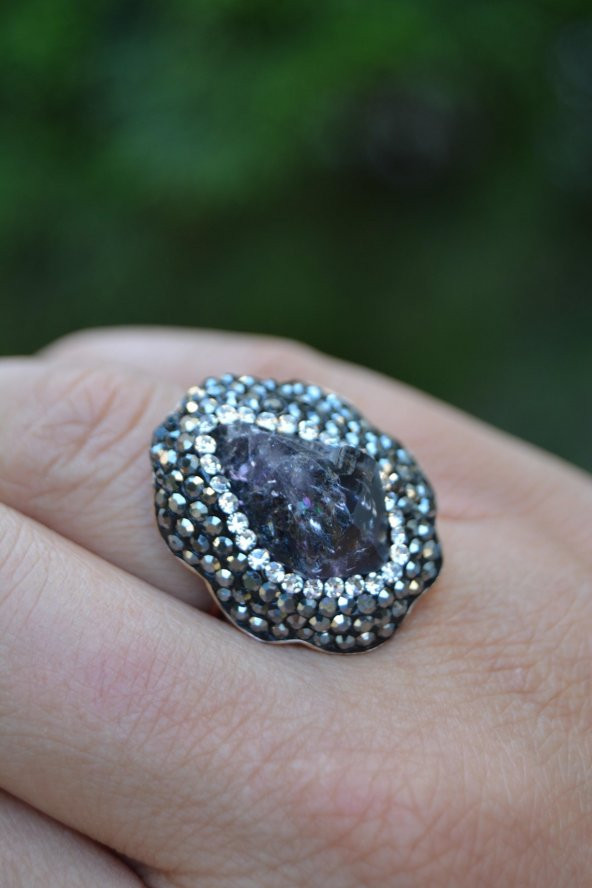 STONEAGE Ametist Doğal Taş Özel Tasarım Ayarlanabilir Kadın Yüzük - Resim 2