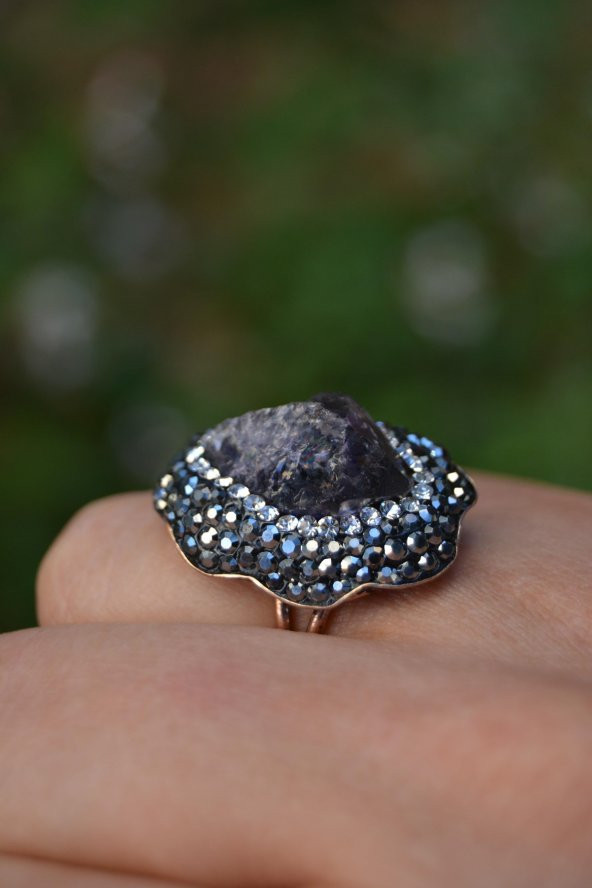 STONEAGE Ametist Doğal Taş Özel Tasarım Ayarlanabilir Kadın Yüzük - Resim 3