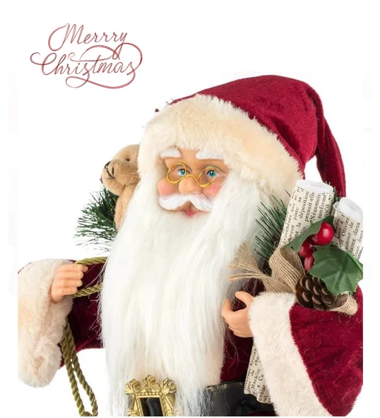 Yılbaşı Süsü Noel Baba Biblo Figür Büyük Boy 45cm - Peluş Ayılı Hediye Çuvalı ve Aksesuarları ile - 4