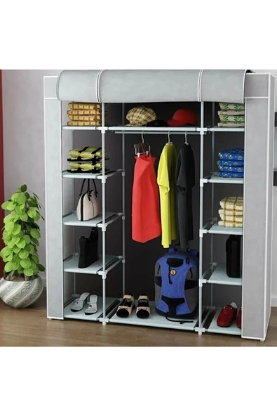 ilhanhome Çift Yandan Raflı Güçlendirilmiş Pvc Profilli Bez Dolap Süper Gardırop