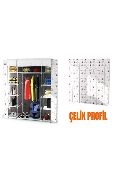 ilhanhome Çift Yandan Raflı Metal Profilli Bez Dolap Kumaş Gardırop Süper Ürün