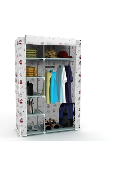 ilhanhome Tek Yandan Raflı Metal Profilli Bez Dolap Kumaş Gardırop
