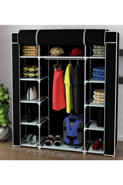 ilhanhome Çift Yandan Çok Raflı Plastik Profilli Bez Dolap Kumaş Gardırop