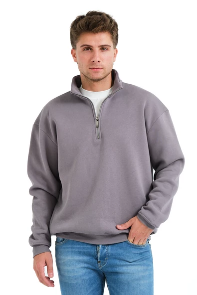 JUSTEVER Regular Fit Dik Yaka Yarı Fermuarlı Şardonlu Gri Erkek Sweatshirt - Prime